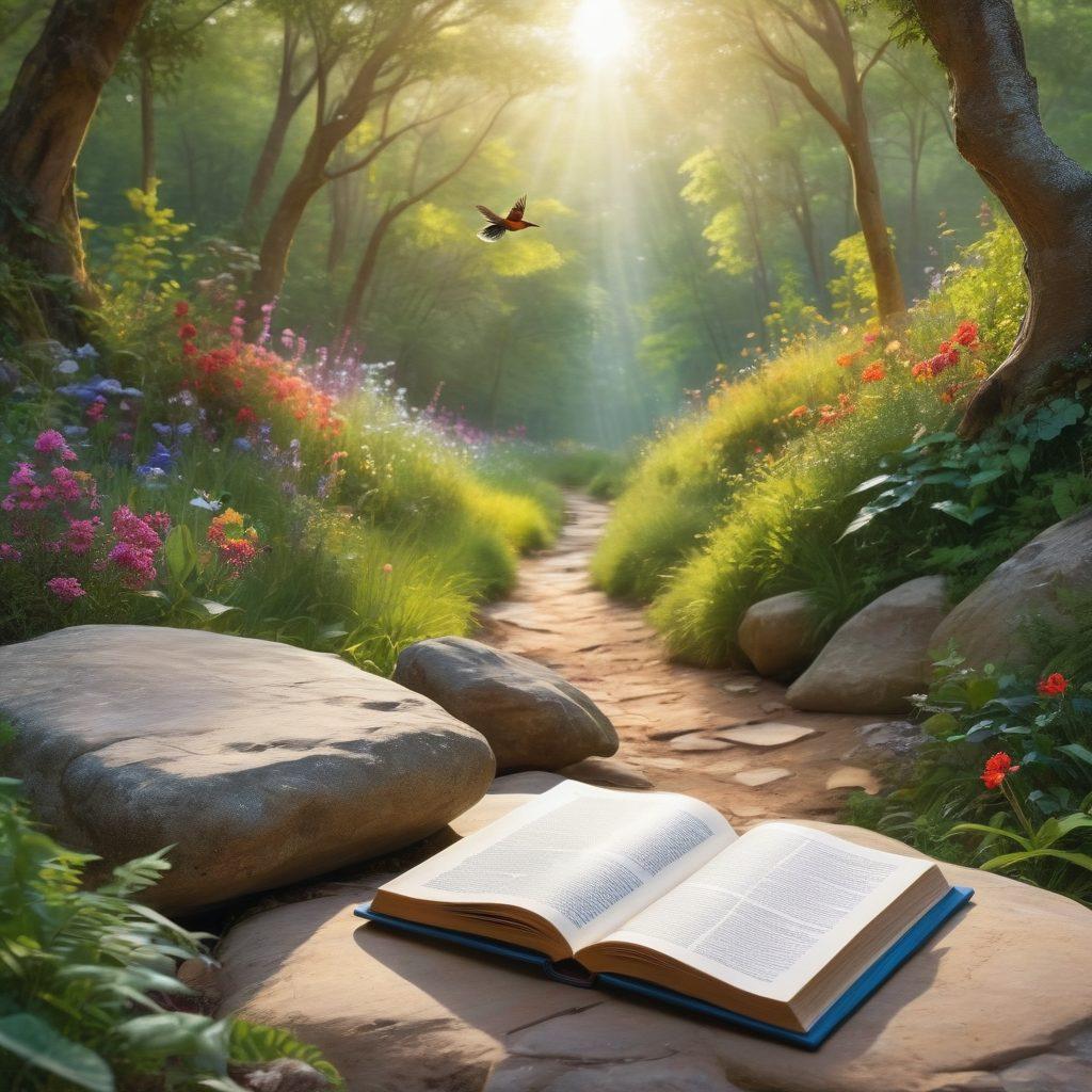 A serene landscape featuring a winding path through a lush, vibrant forest, illuminated by warm sunlight filtering through the leaves. Along the path, subtle symbols of joy like blooming flowers and cheerful animals (birds, rabbits) are integrated into the scene. In the foreground, an open book rests on a rock, pages turning in the breeze, symbolizing discovery and wisdom. The overall atmosphere conveys a sense of peace, contentment, and elation. super-realistic. vibrant colors. natural light.