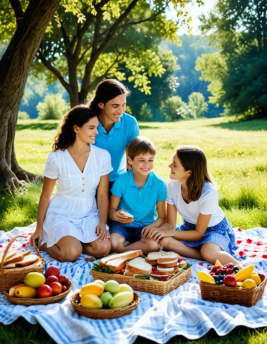 A serene landscape depicting a family gathered around a picnic, sharing joyful moments, surrounded by nature's beauty like blooming flowers, and a bright blue sky. Include elements of laughter, kindness, and togetherness through subtle gestures, with soft glowing sunlight illuminating the scene, symbolizing joy and contentment. super-realistic. vibrant colors. warm tones.