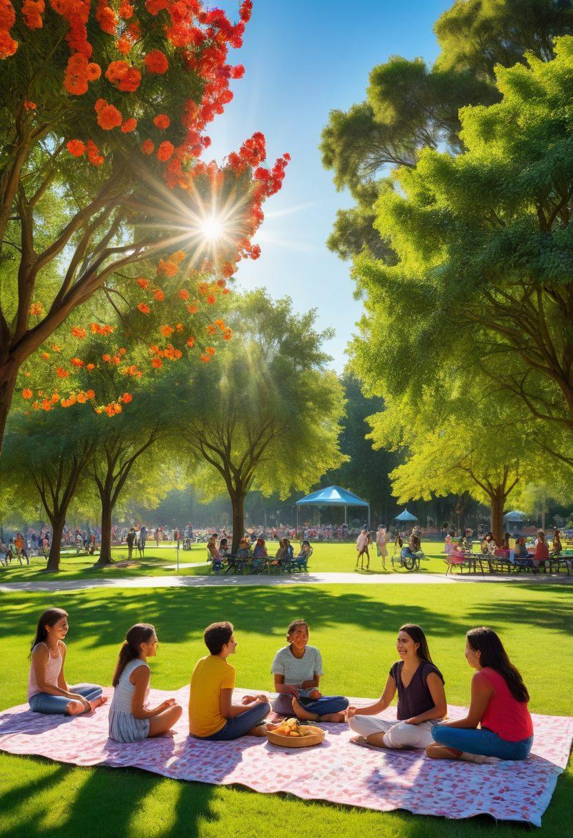 A serene scene depicting a diverse group of people enjoying joyful moments in a vibrant community park, showcasing a colorful array of flowers and trees. Include children playing, families picnicking, and friends laughing together, symbolizing interconnected happiness and community spirit. The sky is bright and sunny, representing the positivity of everyday life. super-realistic. vibrant colors. bright background.